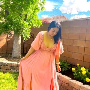 Smocked Gauze Tiered Ruffle Maxi Dress in Rose
